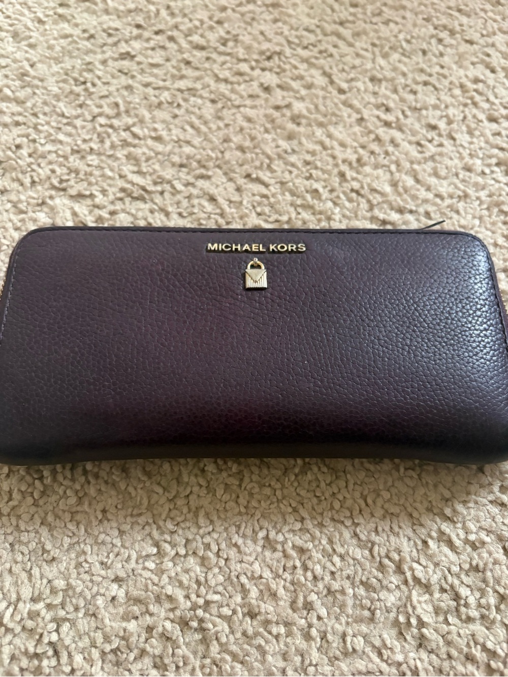 Michael Kors Deep Plum Pebbled Leather Zip Wallet with Gold Hardware